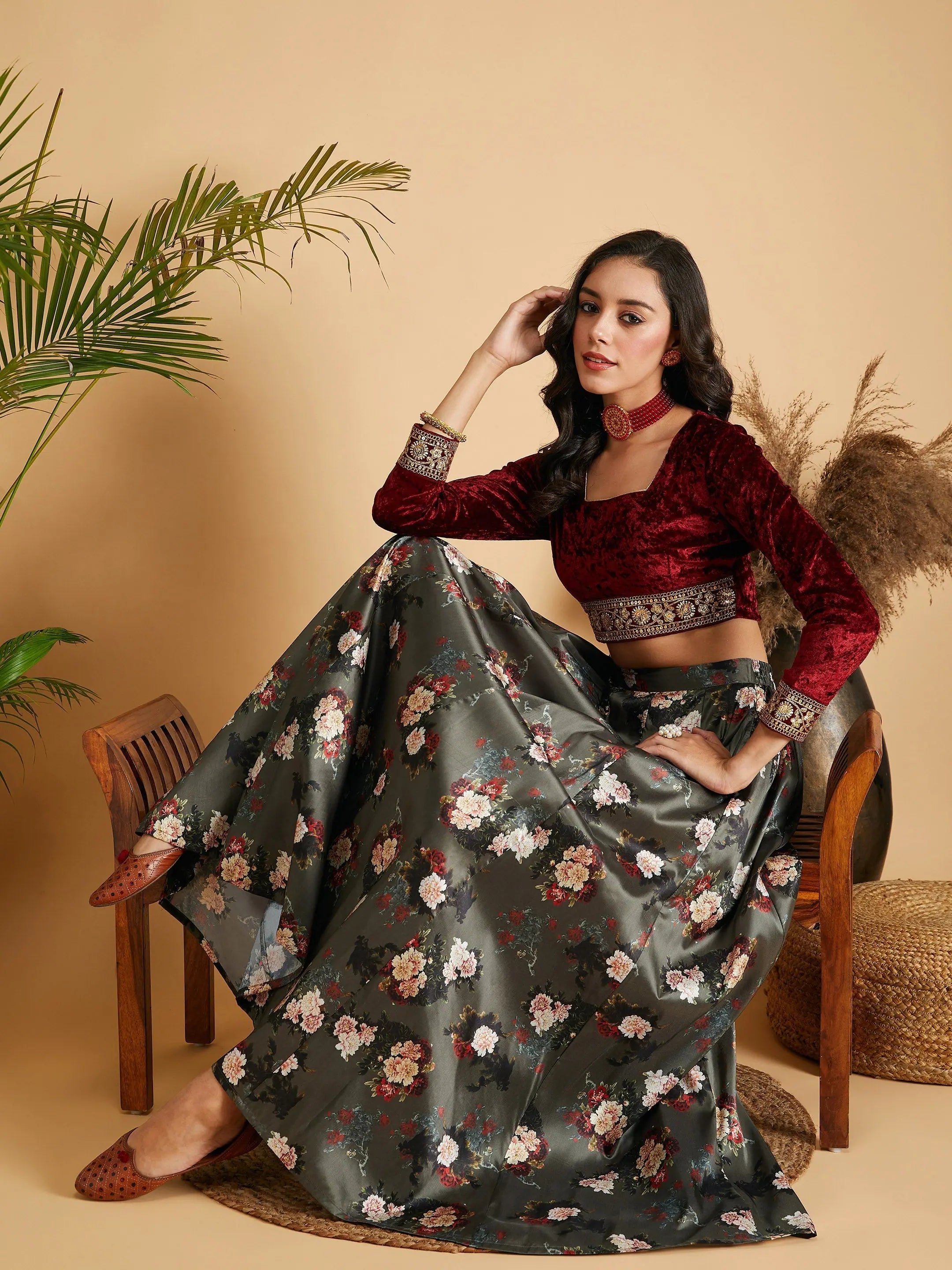 Women Olive Floral Skirt With Maroon Velvet Full Sleeves Crop Top Wool Fabric Cashmere Fabric Tweed Fabric Women Olive Floral Skirt With Maroon Velvet Full Sleeves Crop Top Wool Fabric Cashmere Fabric Tweed Fabric