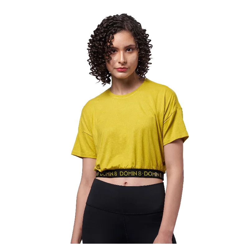 Women Solid Shoulder Crop Top With Waist Elastic Band Zippered Front Buttoned Front Snap Front