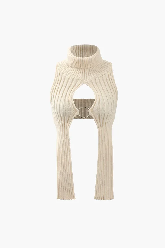 Turtleneck Cut Out Sleeveless Crop Top Handmade Hand-knitted Hand-woven