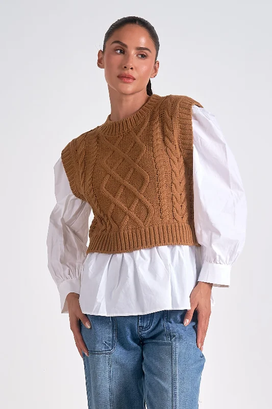 CABLE KNIT SWEATER VEST AND SHIRT - DARK TAN Zippered Front Buttoned Front Snap Front