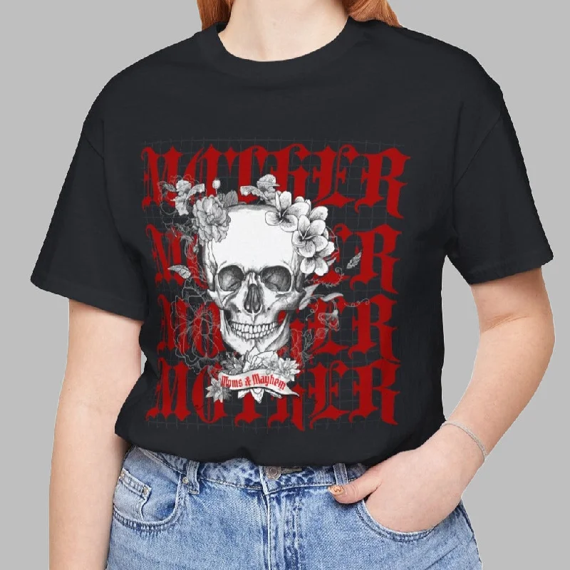 Moms and Mayhem Heavy Metal Skull Themed Unisex Jersey Short Sleeve Tee Halter Neck Jersey Tee Moms and Mayhem Heavy Metal Skull Themed Unisex Jersey Short Sleeve Tee Halter Neck Jersey Tee