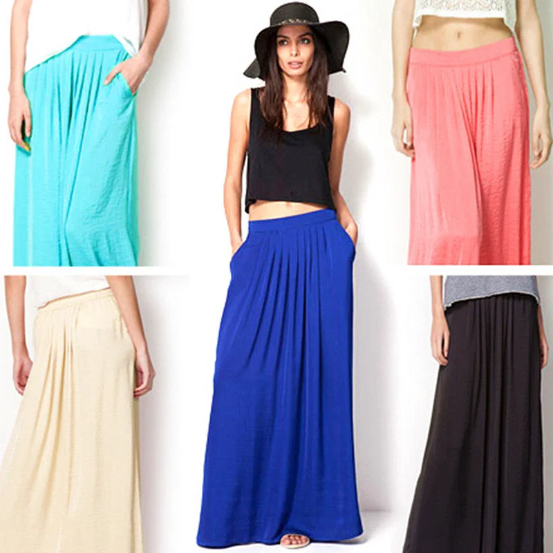 Woman Satin Long Skirt Elastic Waist Floor-Length Maxi Skirts Female Plus Size Ladies Bohemia Pleated saia skirts For Women boho skirt vibe