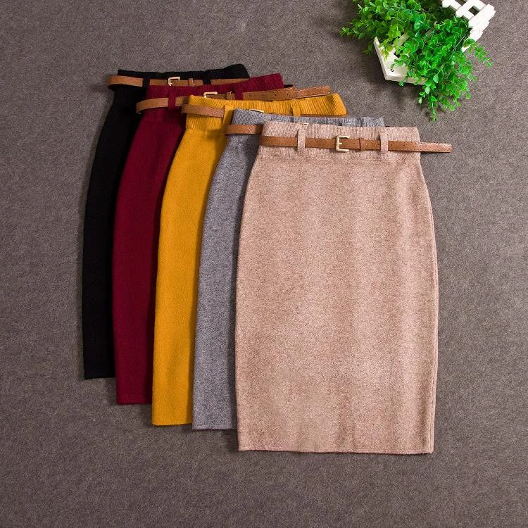 High Quality Skirts Autumn winter Casual Women High Waist Knee-length Knitted Pencil Skirt Elegant slim Long Skirts leather skirt sleek