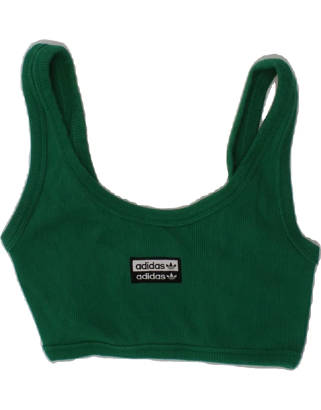 ADIDAS Womens Graphic Crop Top UK 8 Small Green Cotton Iron Safe Non-Iron Wrinkle Free