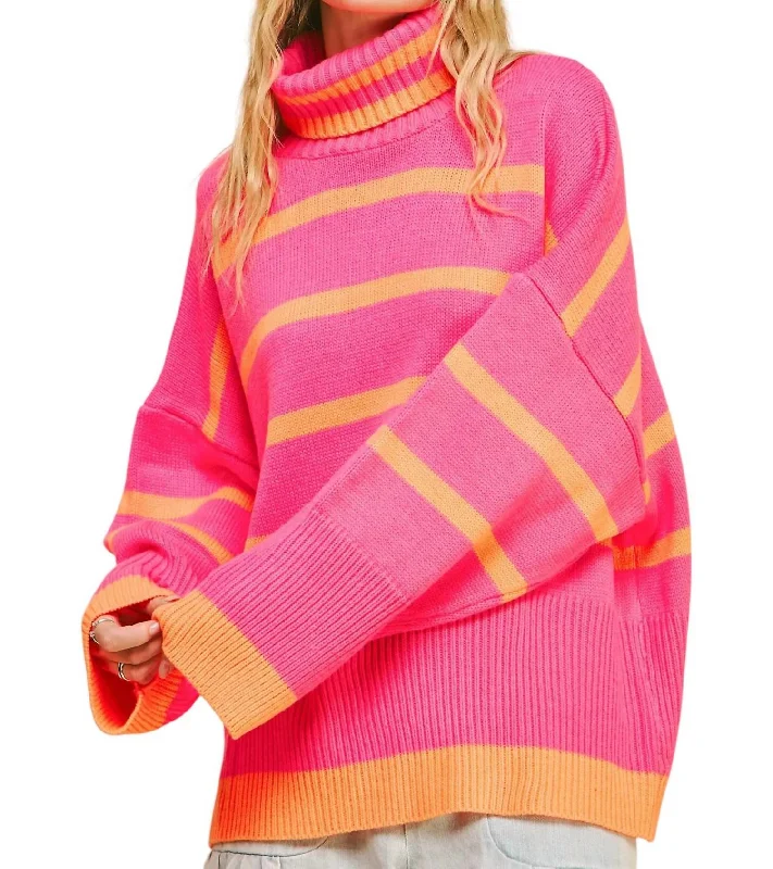 Striped Oversized Sweater In Pink/orange Solid Print Embellished