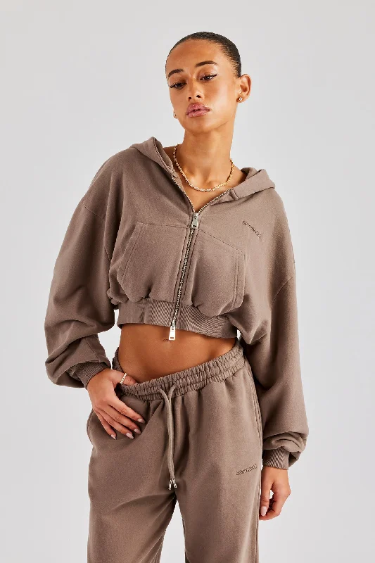 Cernucci Cropped Zip Through Hoodie - Taupe Hoodie with Illustration Artistic Creative Cernucci Cropped Zip Through Hoodie - Taupe Hoodie with Illustration Artistic Creative