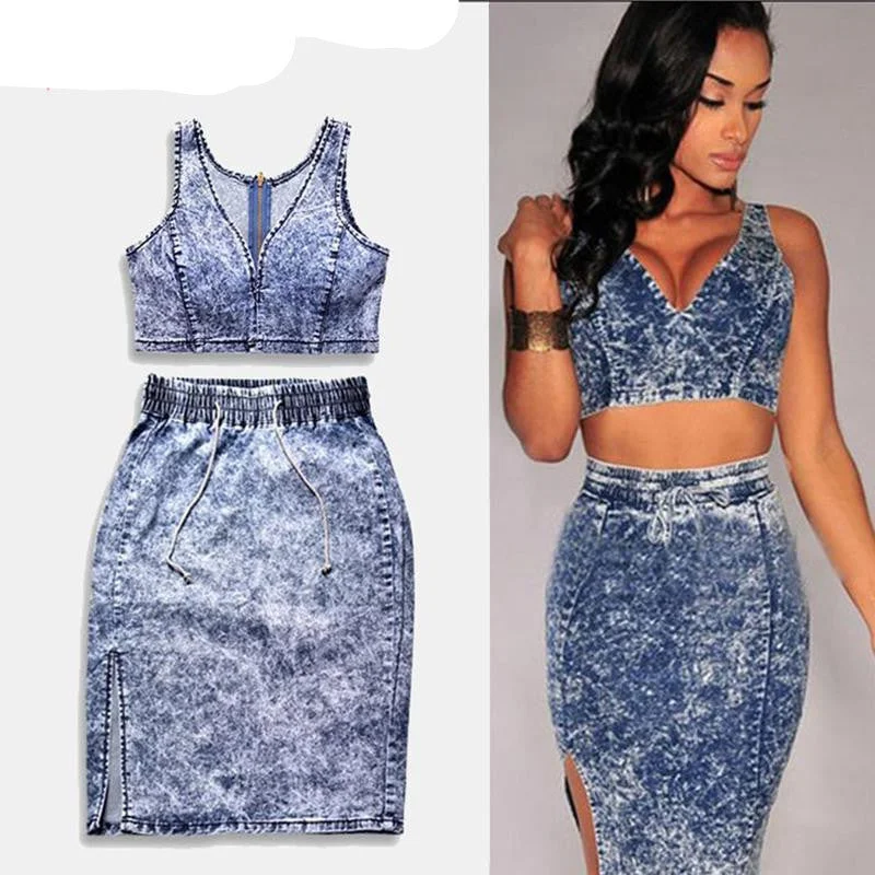 Sexy Denim Crops Tops And Skirt 2 Piece Set Deep V Neck High Waist Elastic Snowflakes Package Hip Corset Hollow-Out Set velvet skirt luxury