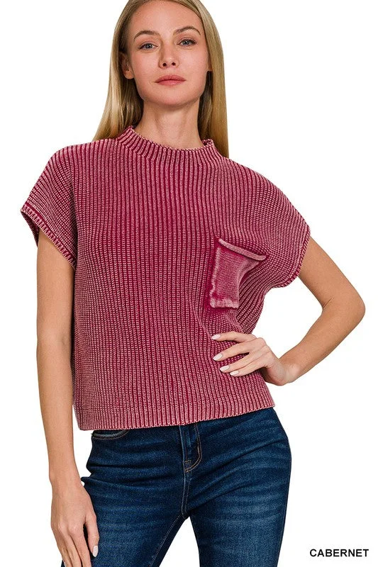 WASHED MOCK NECK SHORT SLEEVE CROPPED SWEATER, 2 Colors Satin Blend Silk Blend Wool Blend