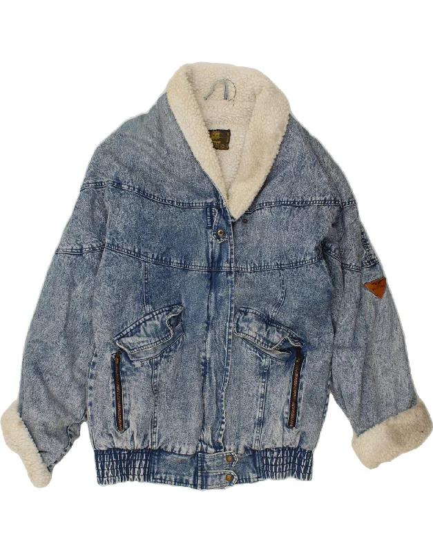 MONTANA Womens Vintage Oversized Denim Sherpa Jacket UK 14 Medium Blue Fleece Fabric Down Fabric Feather Fabric MONTANA Womens Vintage Oversized Denim Sherpa Jacket UK 14 Medium Blue Fleece Fabric Down Fabric Feather Fabric