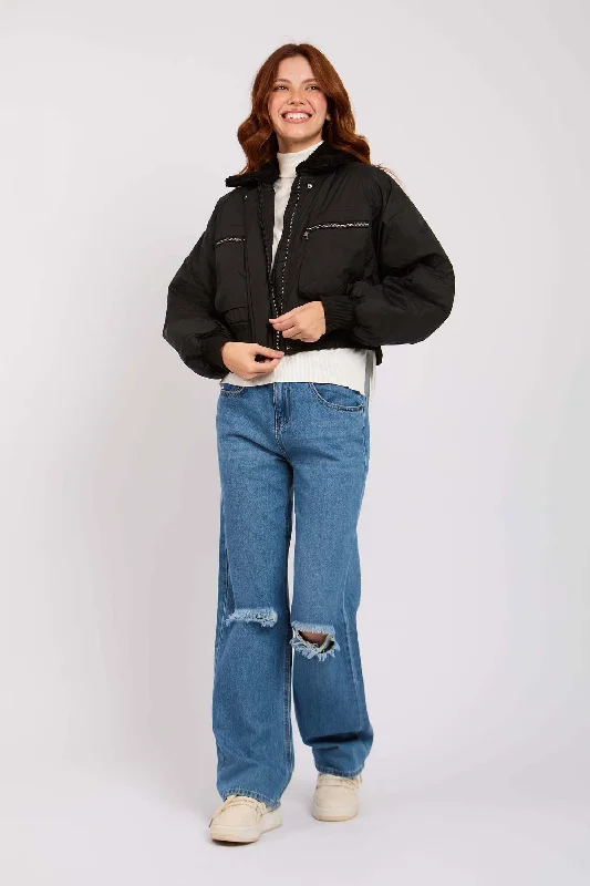 Women Jacket Cropped Waterproof Bomber Black Tailored Jacket Straight Jacket A-Line Jacket