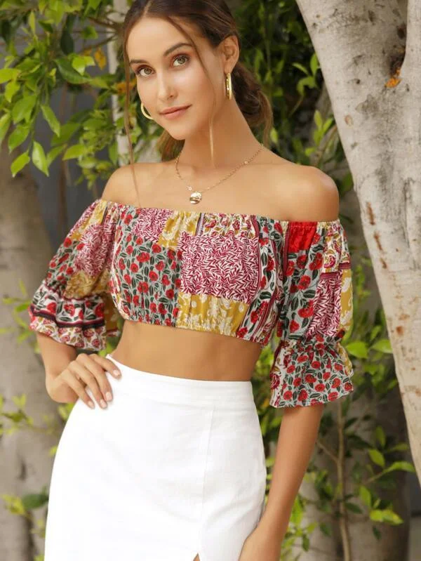 Off Shoulder Ruffle Cuff Shirred Patchwork Crop Top Cotton Fabric Linen Fabric Terry Fabric Off Shoulder Ruffle Cuff Shirred Patchwork Crop Top Cotton Fabric Linen Fabric Terry Fabric