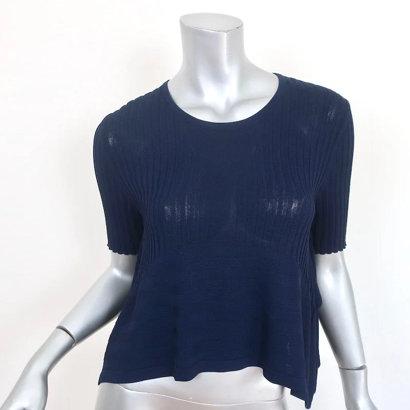 Opening Ceremony Asymmetric Crop Top Navy Linear Ribbed Knit Size Extra Small Sequined Glittery Shiny