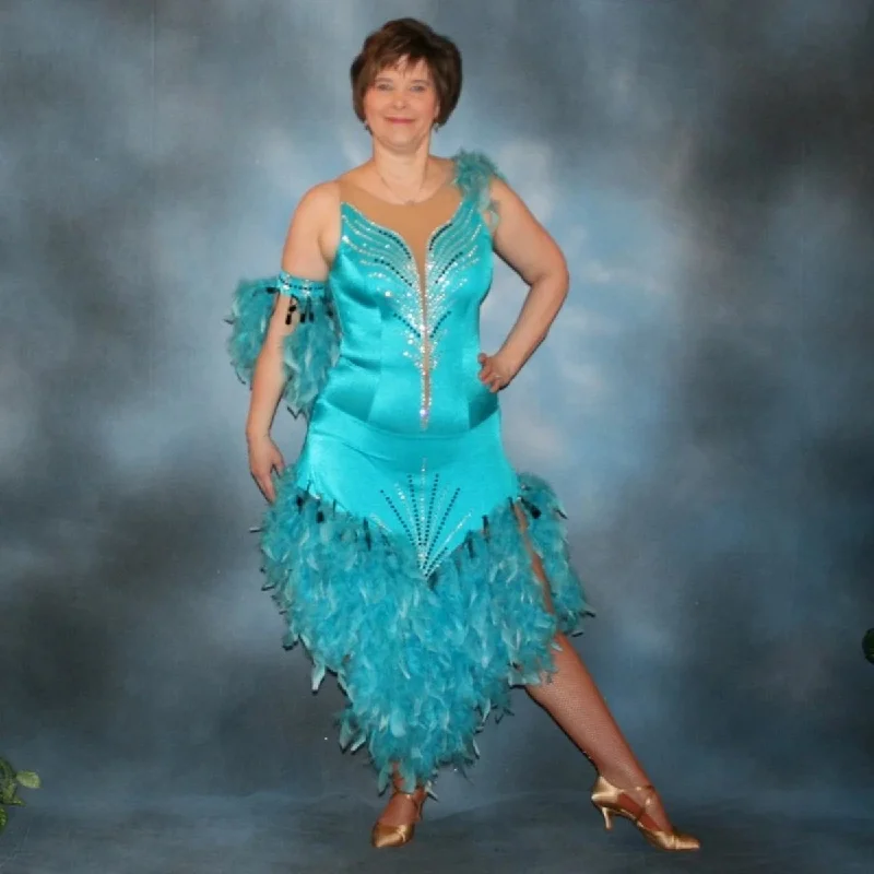 Turquoise Latin-Rhythm Dress with Feathers, Rhinestones & Spangles on Sale-Aiyana Tunics Favorite customer Turquoise Latin-Rhythm Dress with Feathers, Rhinestones & Spangles on Sale-Aiyana Tunics Favorite customer