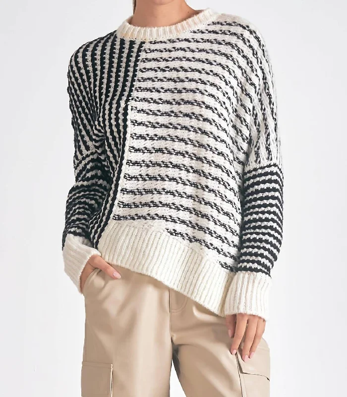 Aysmmetrical Striped Sweater In Black/white Mesh Sweater Canvas Denim