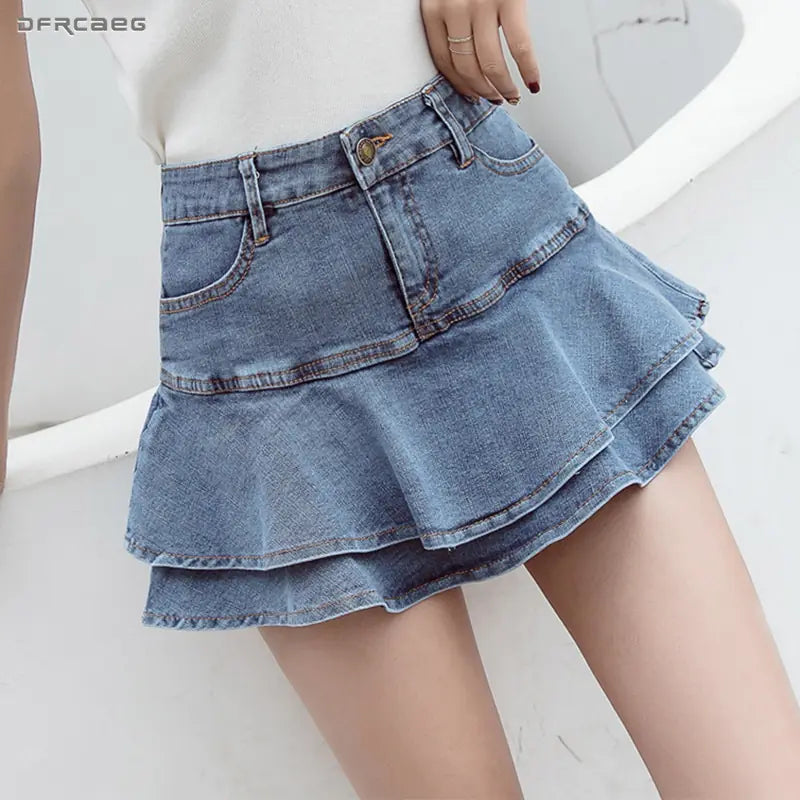 Vireous Chic Denim Combined Shorts-Skirt casual skirt length