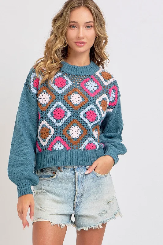 PATCHWORK SWEATER - TEAL Elegant Classic Vintage