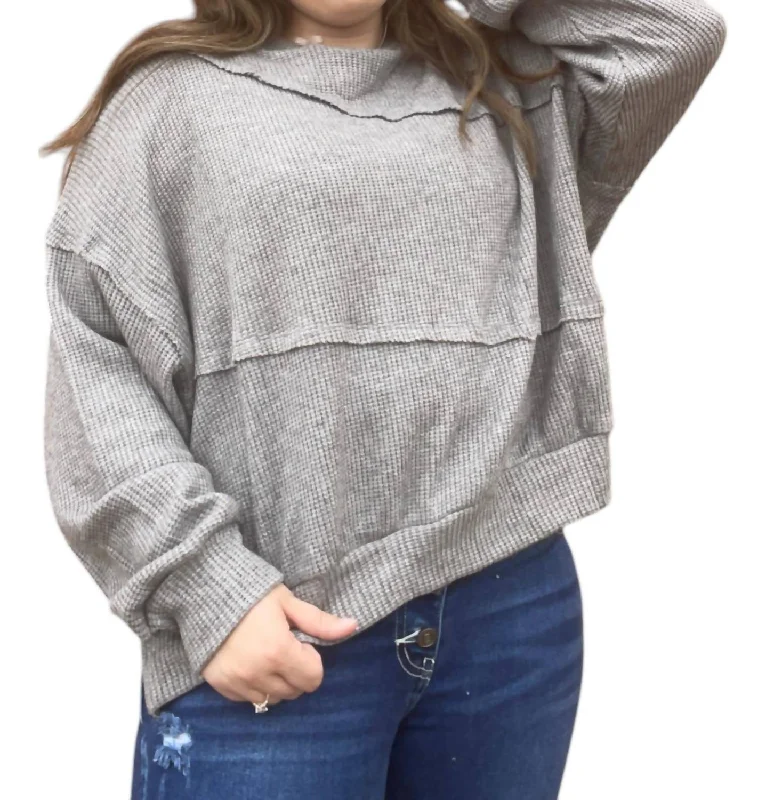 Waffle Crewneck Raw Detail Sweater In Heather Grey Zippered Front Buttoned Front Snap Front