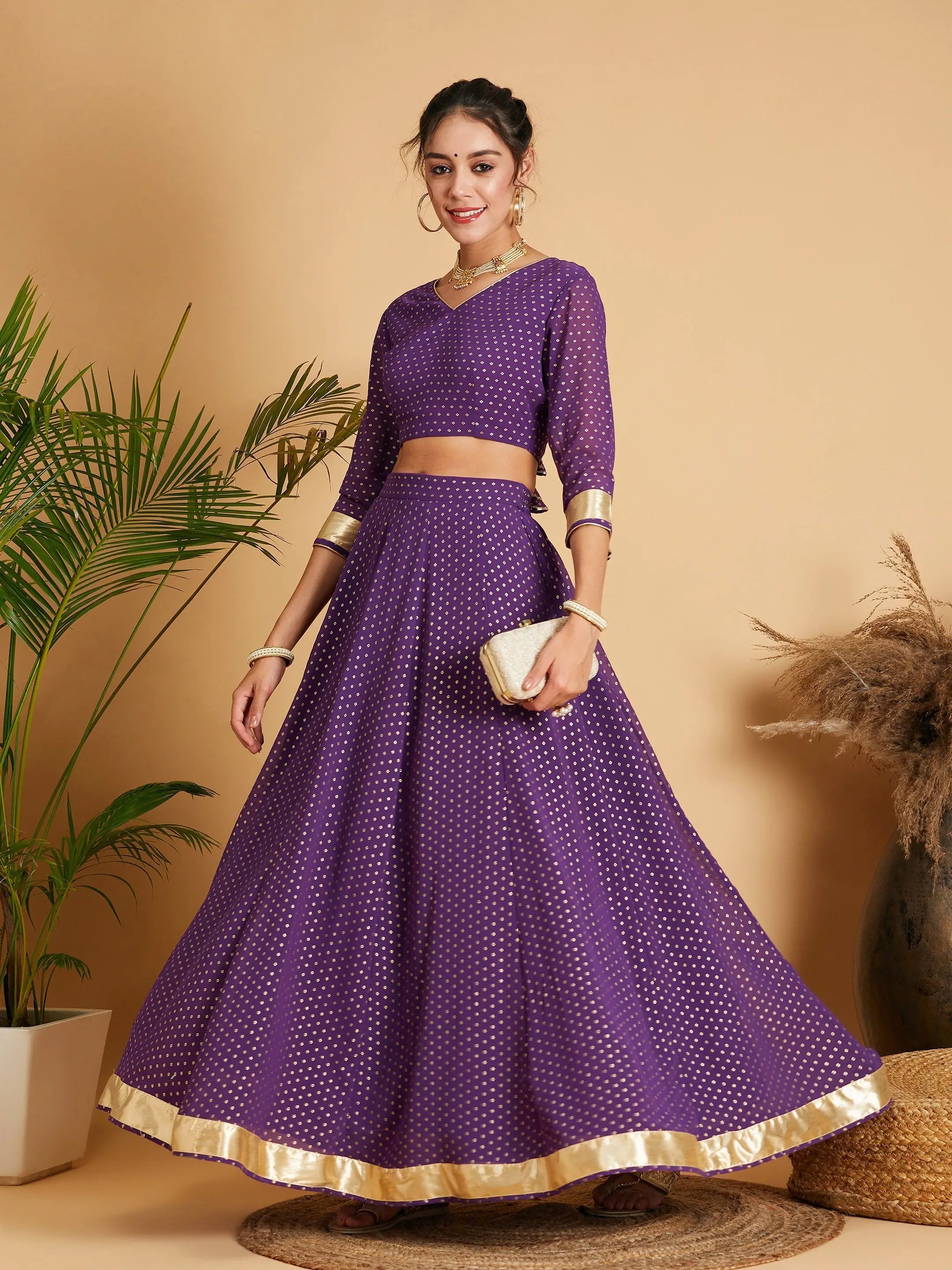 Women Purple Dot Foil Print Anarkali Skirt With Crop Top Elasticated Padded Insulated Women Purple Dot Foil Print Anarkali Skirt With Crop Top Elasticated Padded Insulated
