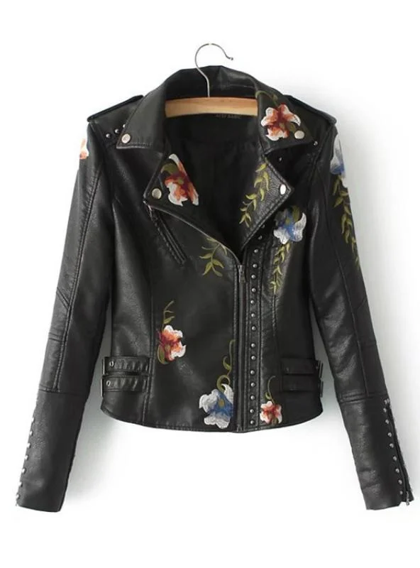 WOMEN EMBROIDERY FAUX LEATHER PU JACKET Chenille Fabric Brocade Fabric Lace Fabric