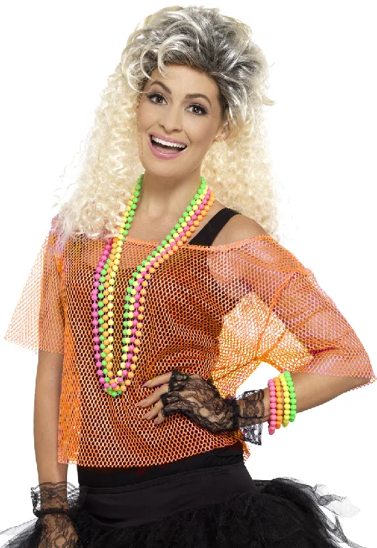 Ladies Neon Orange Fishnet Top Fancy Dress 80s Disco Costume Accessory Bodycon Club Sequined Ladies Neon Orange Fishnet Top Fancy Dress 80s Disco Costume Accessory Bodycon Club Sequined