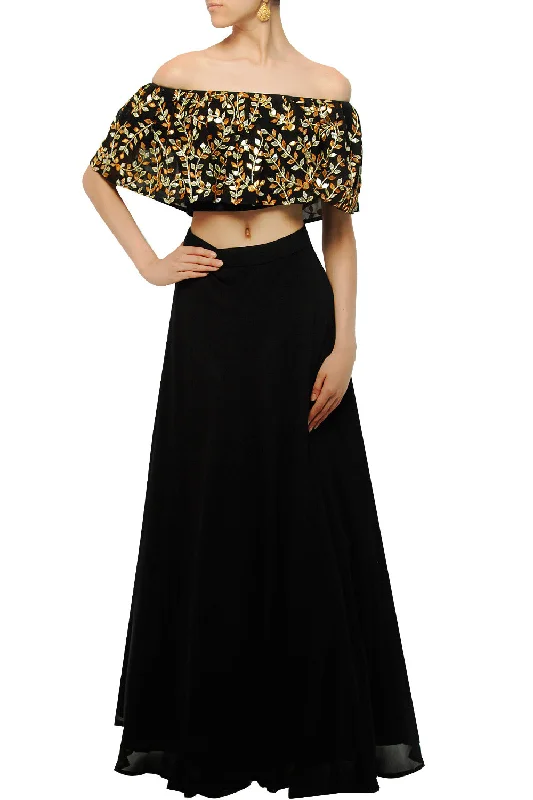 Esha Kaul Black  Crop Top Set Terry Blend Velvet Blend Canvas Blend