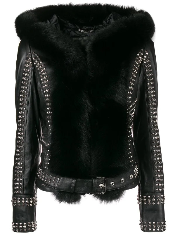 fur-trimmed studded biker jacket Nylon Jacket Polyester Jacket Spandex Jacket