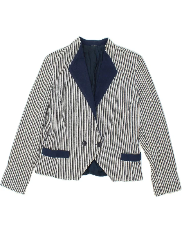 VINTAGE Womens Double Breasted Blazer Jacket UK 10 Small Navy Blue Striped Cardigan Sweater Pullover VINTAGE Womens Double Breasted Blazer Jacket UK 10 Small Navy Blue Striped Cardigan Sweater Pullover