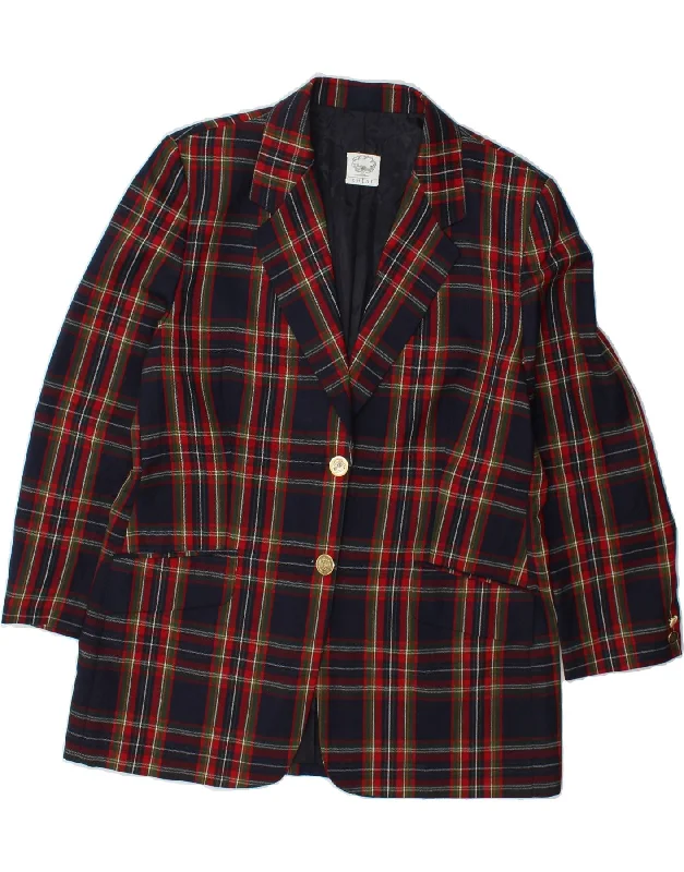 VINTAGE Womens 2 Button Blazer Jacket IT 46 Large Navy Blue Check Welt Pockets Slit Pockets Flap Pockets VINTAGE Womens 2 Button Blazer Jacket IT 46 Large Navy Blue Check Welt Pockets Slit Pockets Flap Pockets
