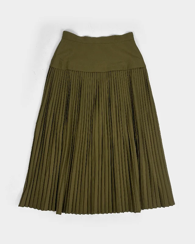 Kenzo 2-Texture Pleated Green Wool Skirt 1990's button skirt front