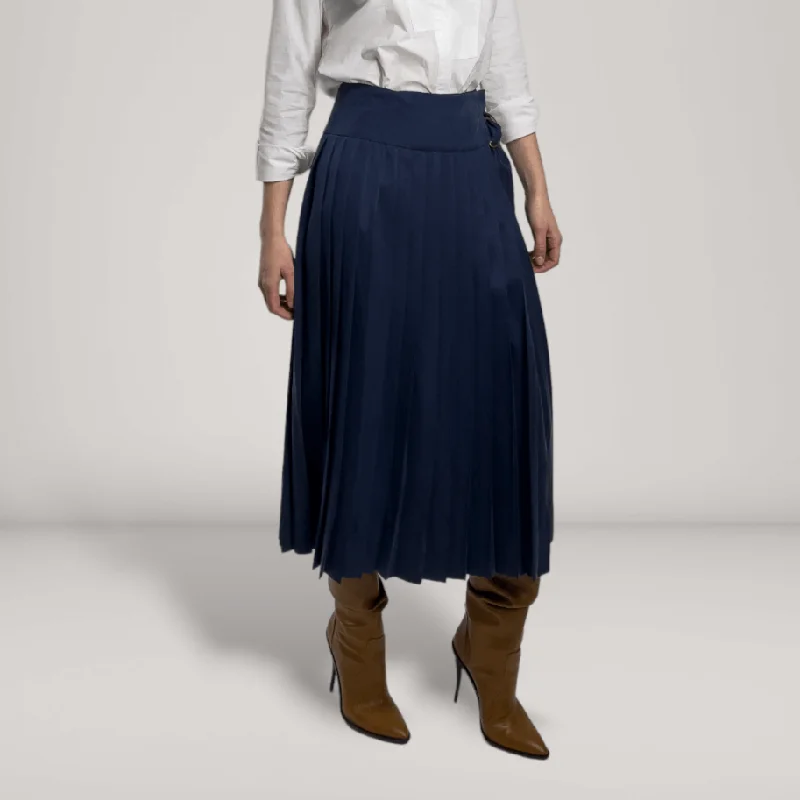 Pleated Vegan Silk Adjustable Wrap Midi Skirt | Navy cashmere skirt soft