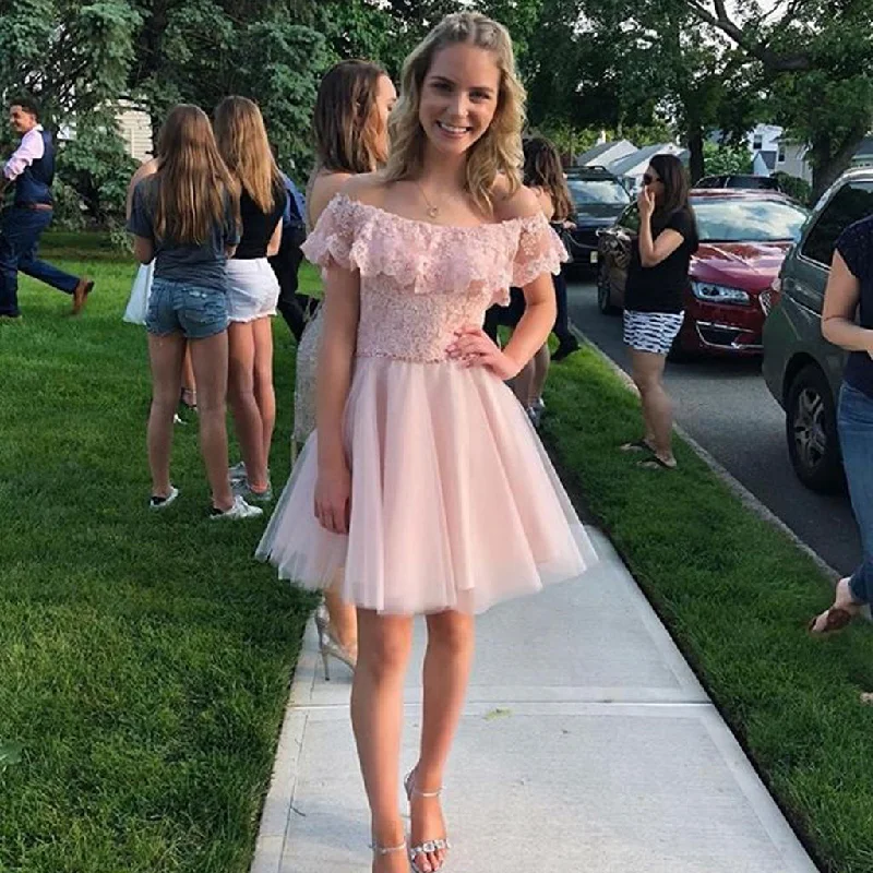 Charming Off Shoulder Lace Top A-line Tulle Homecoming Dress, FC1465 Tunics Short Trendy Charming Off Shoulder Lace Top A-line Tulle Homecoming Dress, FC1465 Tunics Short Trendy