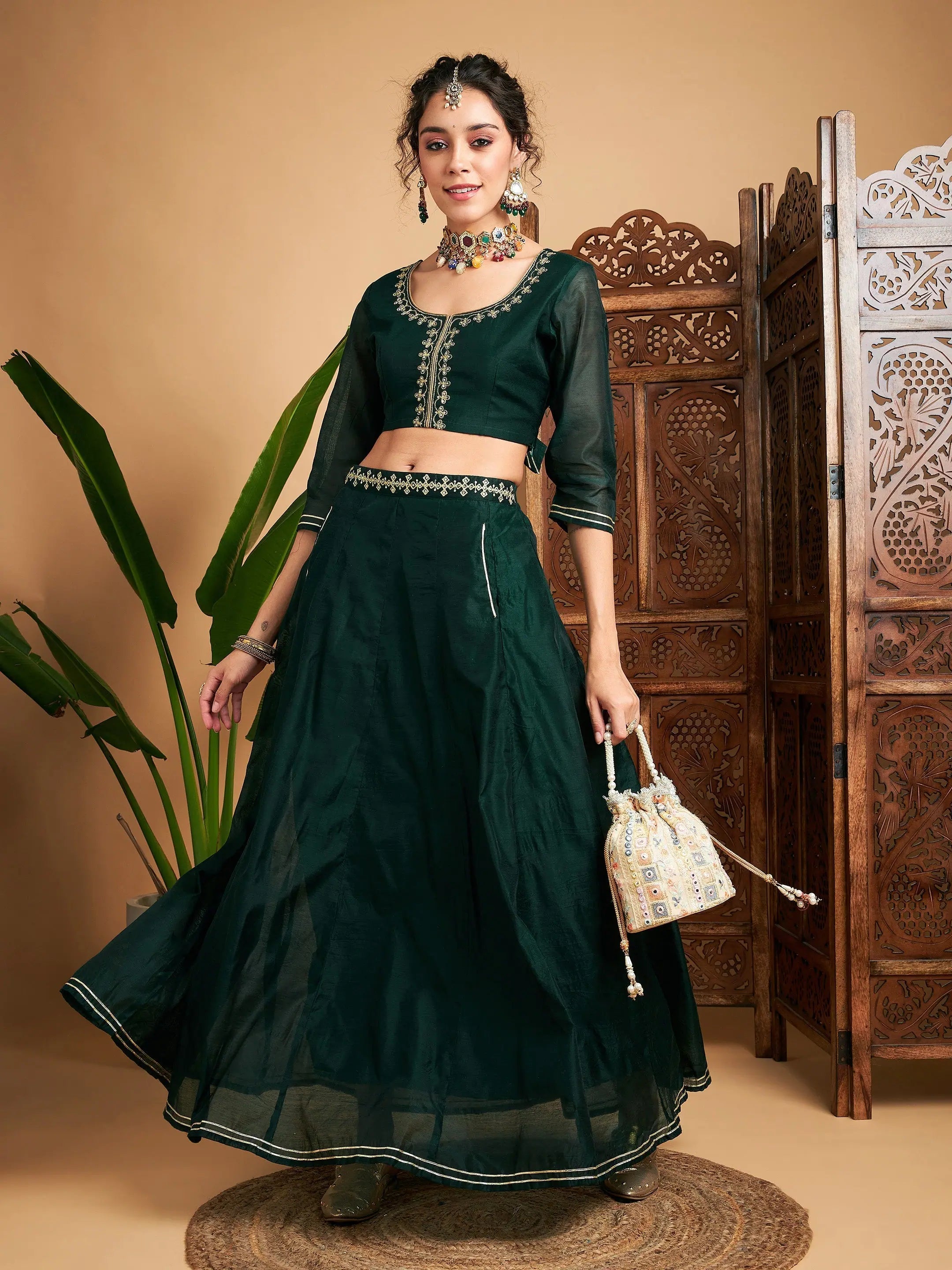 Women Emerald Embroidered Anarkali Skirt With Crop Top Summer Crop Top Casual Short Sleeve Women Emerald Embroidered Anarkali Skirt With Crop Top Summer Crop Top Casual Short Sleeve