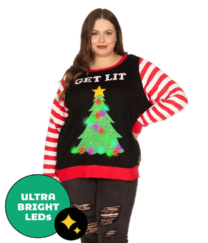 Women's Get Lit Light Up Plus Size Ugly Christmas Sweater Hooded Sweater Collared Sweater Shawl Collar