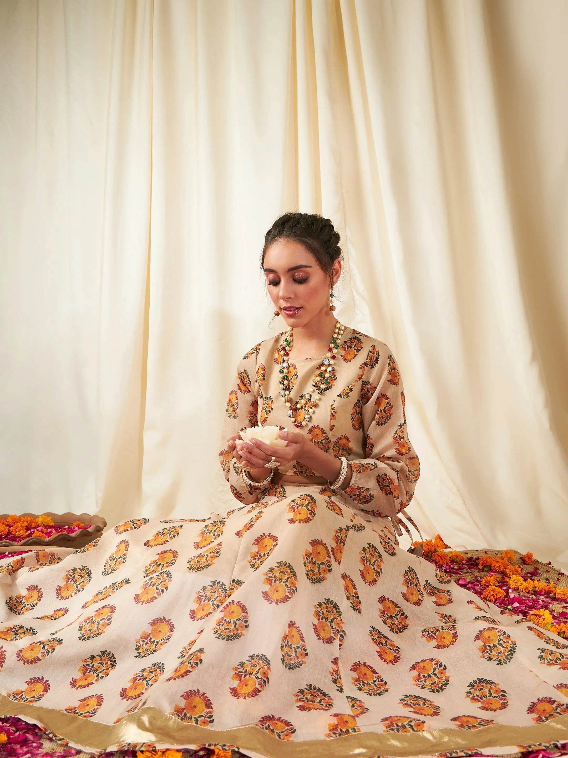 Women Beige Floral Crop Top With Anarkali Skirt-SHSET95570XS Print Jacquard Patchwork Women Beige Floral Crop Top With Anarkali Skirt-SHSET95570XS Print Jacquard Patchwork