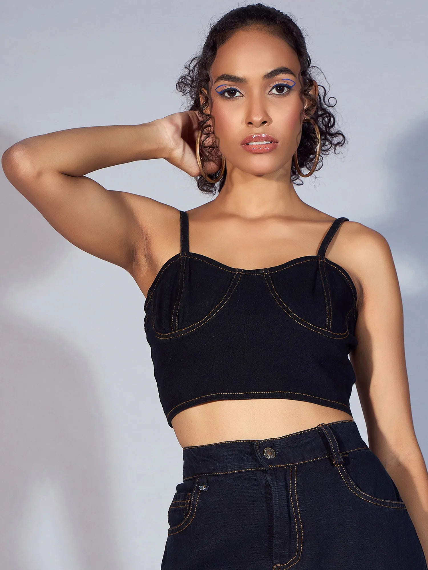 Women Black Denim Strappy Crop Top-SFTOPS42031 Fleece Nylon Spandex