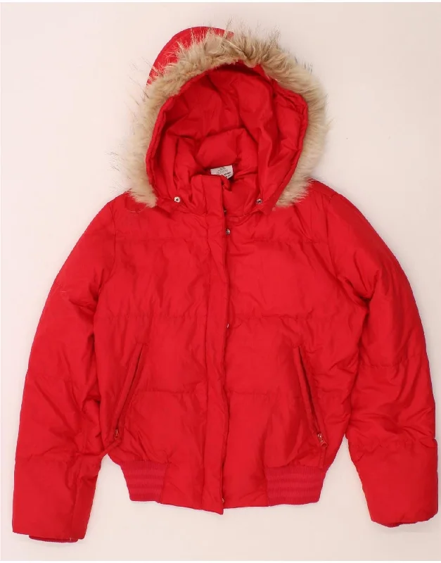 ADIDAS Womens Hooded Padded Jacket UK 10 Small Red Polyester Cotton Jacket Linen Jacket Terry Jacket
