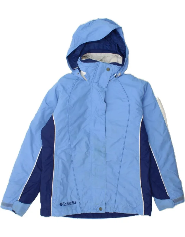 COLUMBIA Womens Hooded Windbreaker Jacket UK 10 Small Blue Colourblock Zippered Front Buttoned Front Snap Front COLUMBIA Womens Hooded Windbreaker Jacket UK 10 Small Blue Colourblock Zippered Front Buttoned Front Snap Front