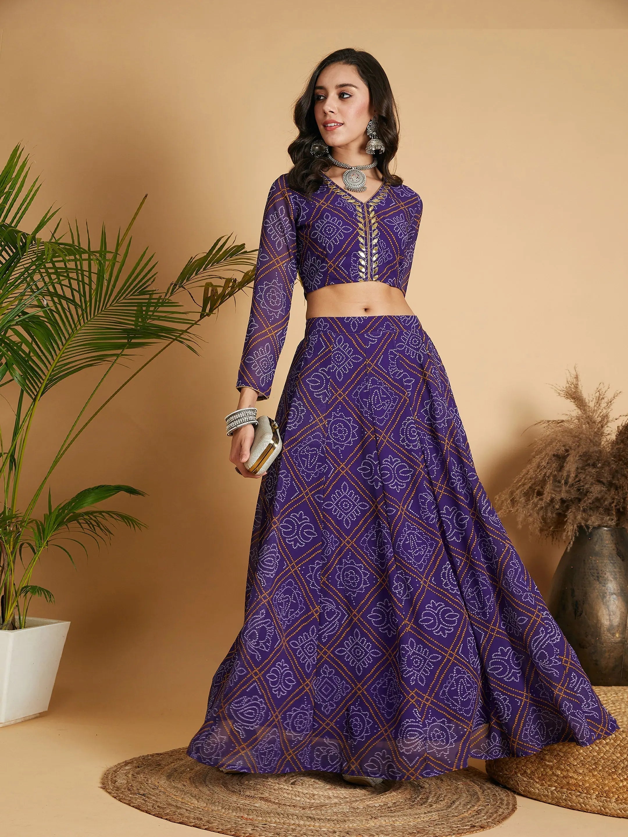 Women Purple & White Bandhej Anarkali Skirt With Crop Top Iron Safe Non-Iron Wrinkle Free Women Purple & White Bandhej Anarkali Skirt With Crop Top Iron Safe Non-Iron Wrinkle Free