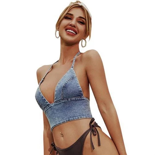 Retro Fashion All-matched Slings Halter Tied-band V-neck Denim Women Tank Tops essential tank top