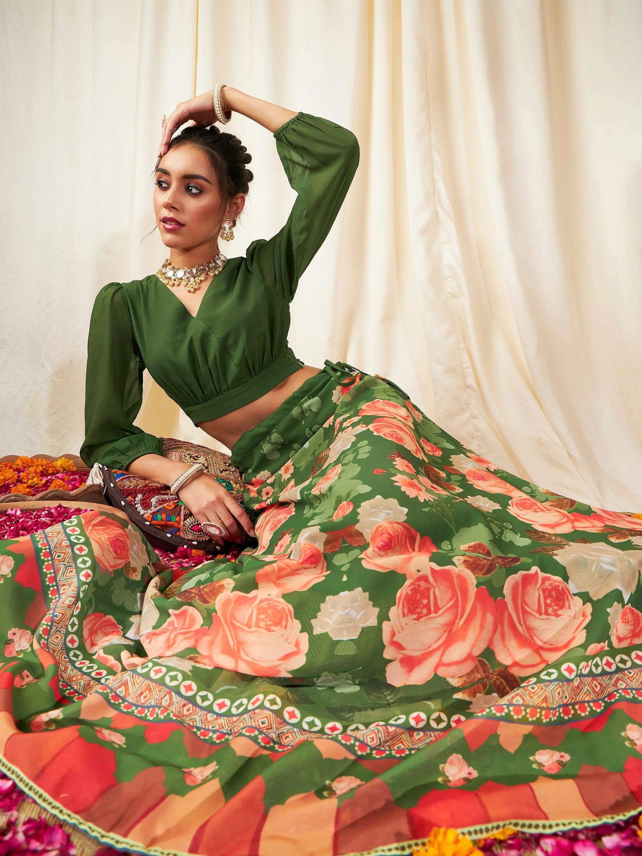 Women Green & Peach Floral Bias Flared Skirt With Crop Top Collared Crew Neck Turtle Neck Women Green & Peach Floral Bias Flared Skirt With Crop Top Collared Crew Neck Turtle Neck