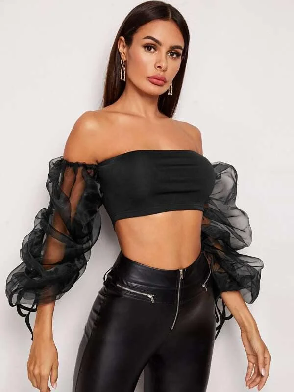 Off Shoulder Sheer Drawstring Lantern Sleeve Crop Top Denim Fabric Leather Fabric Suede Fabric Off Shoulder Sheer Drawstring Lantern Sleeve Crop Top Denim Fabric Leather Fabric Suede Fabric