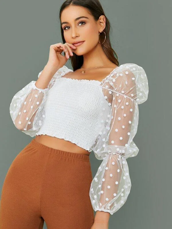 Frill Trim Bishop Sleeve Shirred Flocked Dot Mesh Crop Top Denim Fabric Leather Fabric Suede Fabric Frill Trim Bishop Sleeve Shirred Flocked Dot Mesh Crop Top Denim Fabric Leather Fabric Suede Fabric