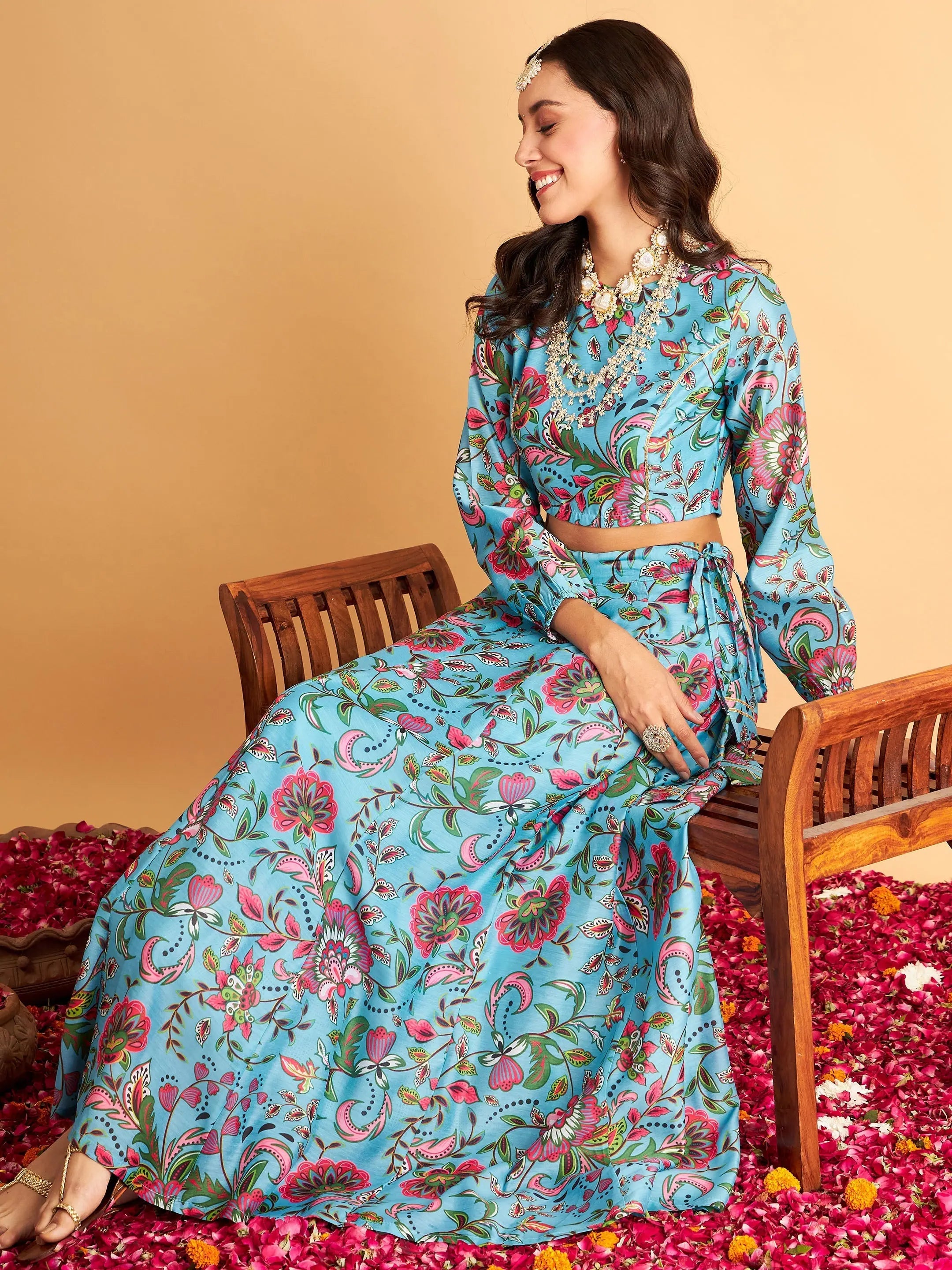 Women Blue Floral Anarkali Side Tussle Skirt With Crop Top Front Pockets Side Pockets Patch Pockets Women Blue Floral Anarkali Side Tussle Skirt With Crop Top Front Pockets Side Pockets Patch Pockets