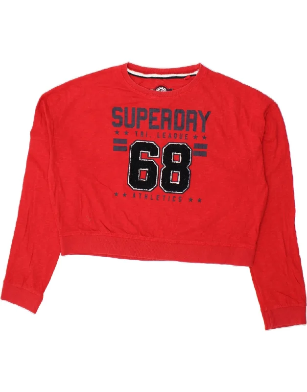 SUPERDRY Womens Graphic Long Sleeve Crop Top UK 16 Large Red Cotton Mesh Fabric Canvas Fabric Denim Fabric