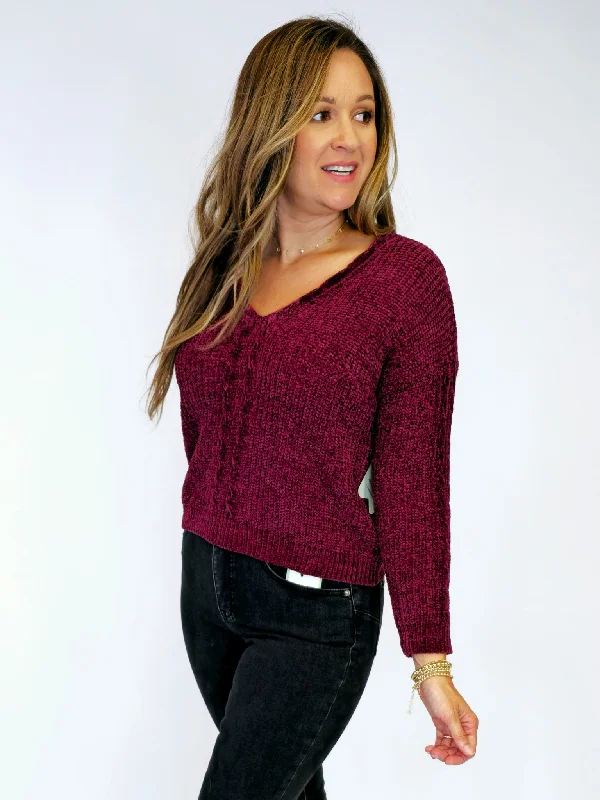 CHENILLE V-NECK SWEATER - BURGUNDY Knit Fabric Woven Fabric Fleece Fabric