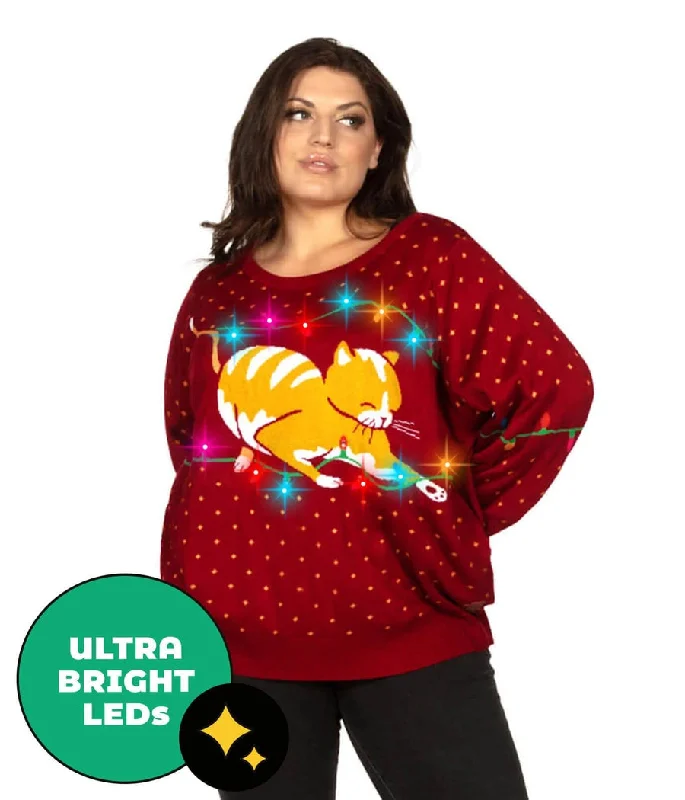 Women's Cat-itude Light Up Plus Size Ugly Christmas Sweater Tailored Straight A-Line