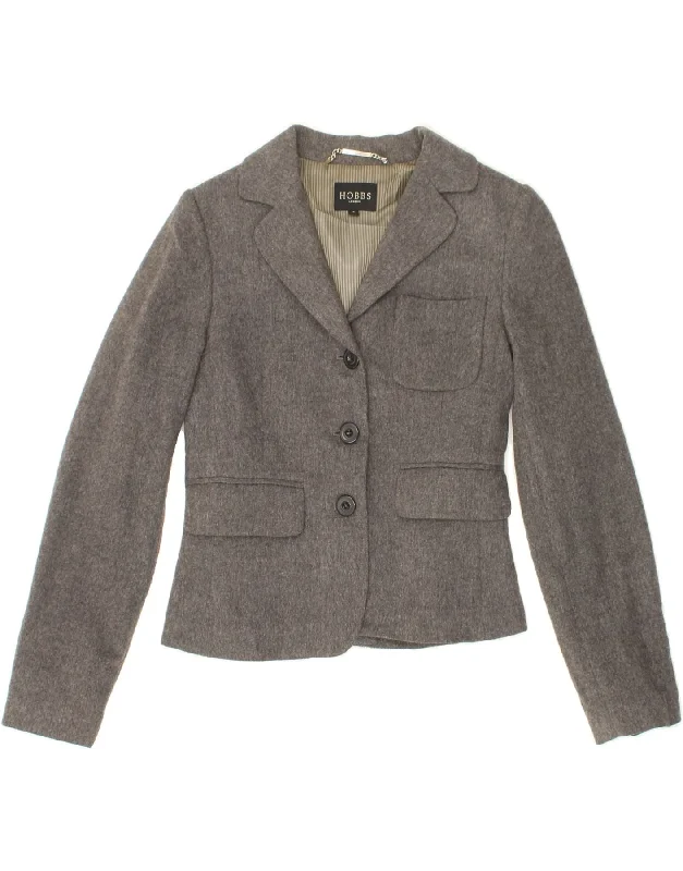 HOBBS Womens Crop 3 Button Blazer Jacket UK 8 Small Grey Wool Boat Neck Shawl Collar Notched Collar HOBBS Womens Crop 3 Button Blazer Jacket UK 8 Small Grey Wool Boat Neck Shawl Collar Notched Collar