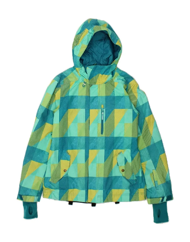 O'NEILL Womens Hooded Windbreaker Jacket UK 14 Medium Turquoise Geometric Fleece Jacket Down Jacket Parka