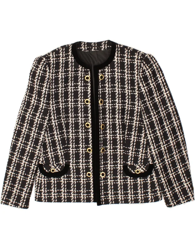 DELMOD Womens Open Blazer Jacket IT 52 2XL Black Check Wool V-Neck Jacket Boat Neck Jacket Square Neck Jacket