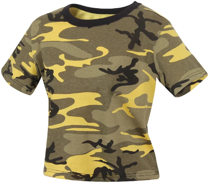 Stinger Yellow Camo Women's Camo Crop Top Mesh Blend Leather Blend Suede Blend